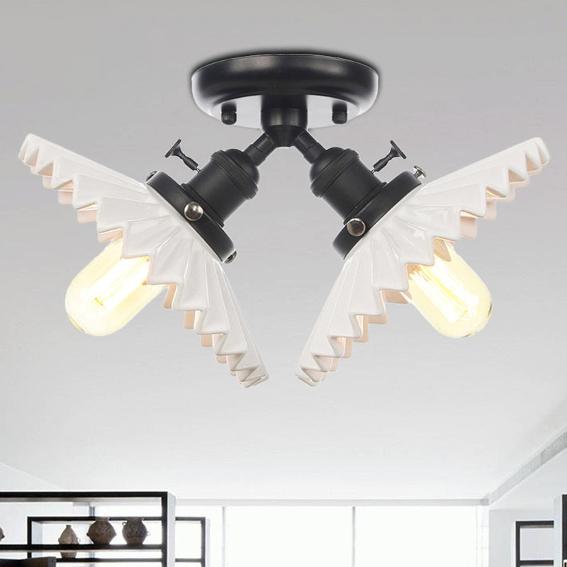 2 Bulbs Restaurant Ceiling Lighting Warehouse Style Black/Bronze Semi Flush Mount Light with Scalloped Milk Glass Shade Clearhalo 'Ceiling Lights' 'Close To Ceiling Lights' 'Close to ceiling' 'Semi-flushmount' Lighting' 256762