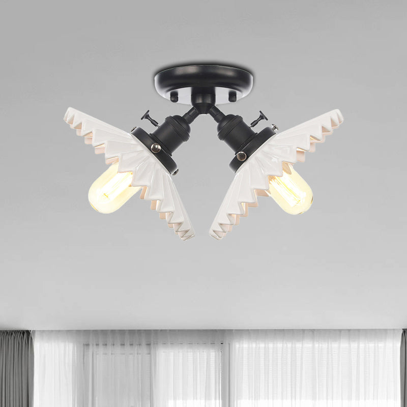 2 Bulbs Restaurant Ceiling Lighting Warehouse Style Black/Bronze Semi Flush Mount Light with Scalloped Milk Glass Shade Black Clearhalo 'Ceiling Lights' 'Close To Ceiling Lights' 'Close to ceiling' 'Semi-flushmount' Lighting' 256763