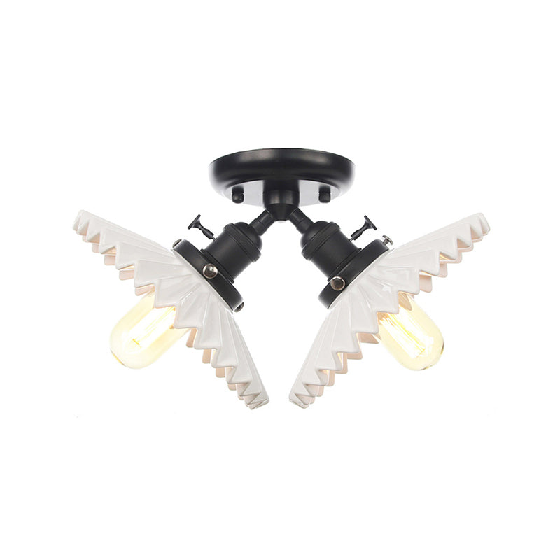 2 Bulbs Restaurant Ceiling Lighting Warehouse Style Black/Bronze Semi Flush Mount Light with Scalloped Milk Glass Shade Clearhalo 'Ceiling Lights' 'Close To Ceiling Lights' 'Close to ceiling' 'Semi-flushmount' Lighting' 256764