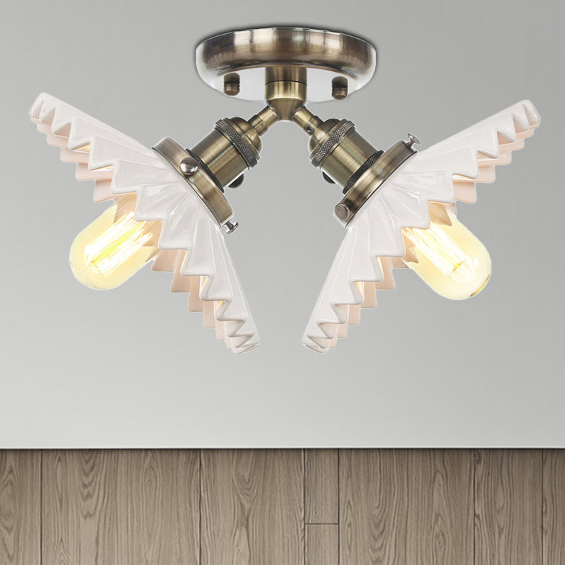 2 Bulbs Restaurant Ceiling Lighting Warehouse Style Black/Bronze Semi Flush Mount Light with Scalloped Milk Glass Shade Bronze Clearhalo 'Ceiling Lights' 'Close To Ceiling Lights' 'Close to ceiling' 'Semi-flushmount' Lighting' 256765