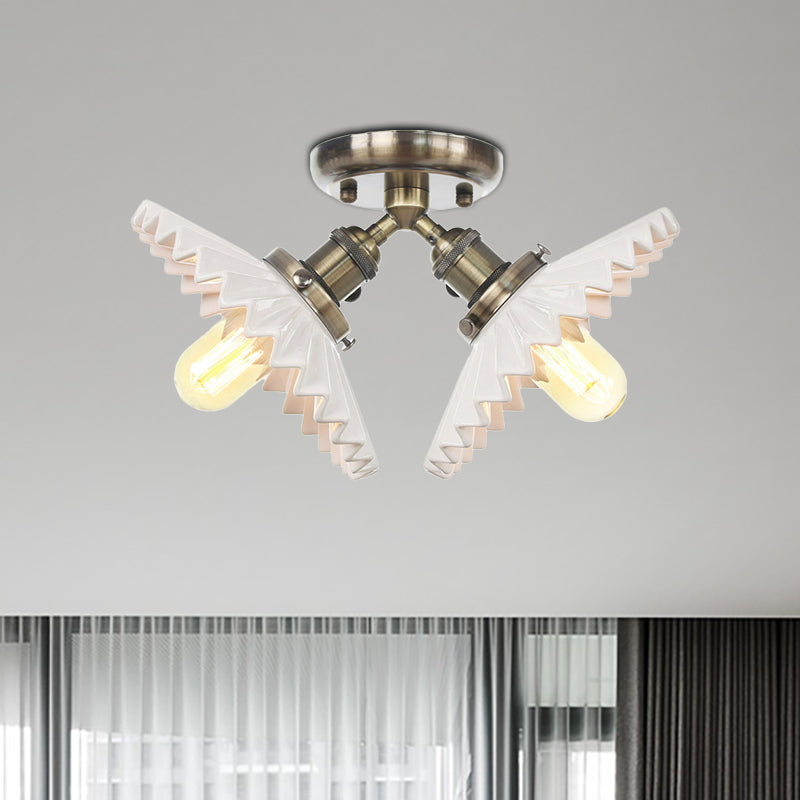 2 Bulbs Restaurant Ceiling Lighting Warehouse Style Black/Bronze Semi Flush Mount Light with Scalloped Milk Glass Shade Clearhalo 'Ceiling Lights' 'Close To Ceiling Lights' 'Close to ceiling' 'Semi-flushmount' Lighting' 256766