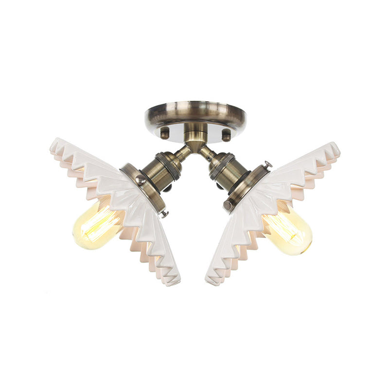 2 Bulbs Restaurant Ceiling Lighting Warehouse Style Black/Bronze Semi Flush Mount Light with Scalloped Milk Glass Shade Clearhalo 'Ceiling Lights' 'Close To Ceiling Lights' 'Close to ceiling' 'Semi-flushmount' Lighting' 256767