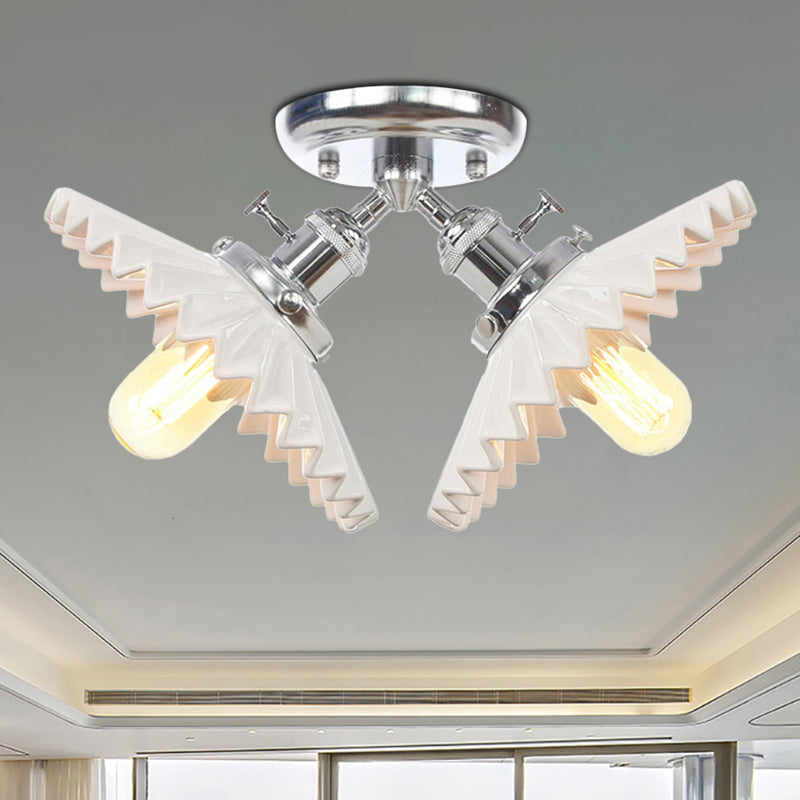 2 Bulbs Restaurant Ceiling Lighting Warehouse Style Black/Bronze Semi Flush Mount Light with Scalloped Milk Glass Shade Chrome Clearhalo 'Ceiling Lights' 'Close To Ceiling Lights' 'Close to ceiling' 'Semi-flushmount' Lighting' 256768