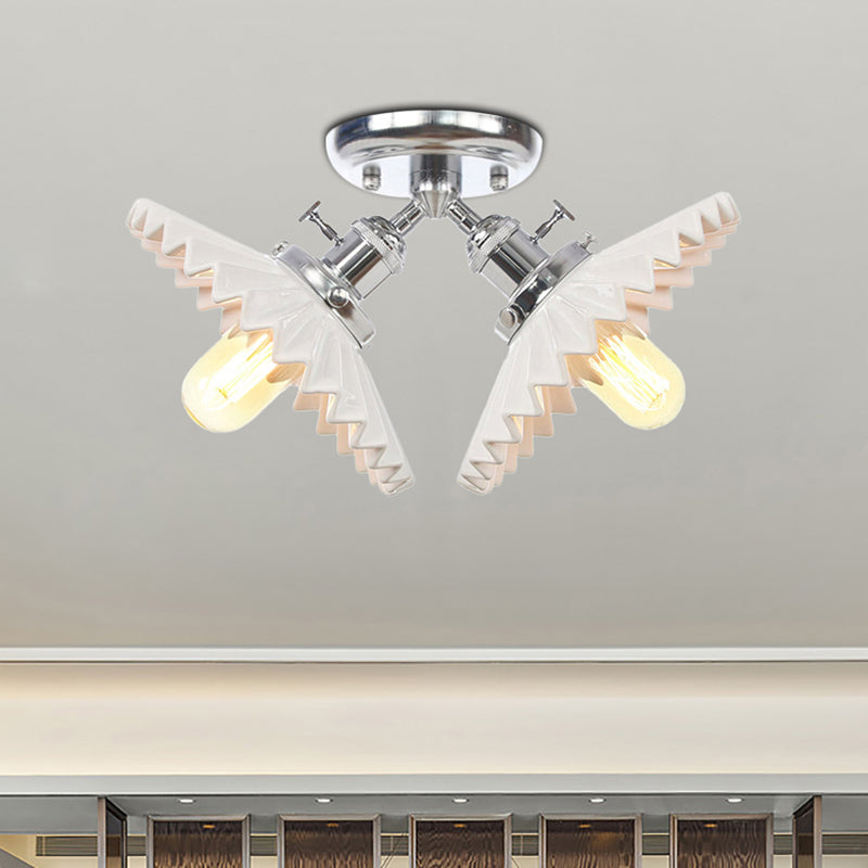 2 Bulbs Restaurant Ceiling Lighting Warehouse Style Black/Bronze Semi Flush Mount Light with Scalloped Milk Glass Shade Clearhalo 'Ceiling Lights' 'Close To Ceiling Lights' 'Close to ceiling' 'Semi-flushmount' Lighting' 256769