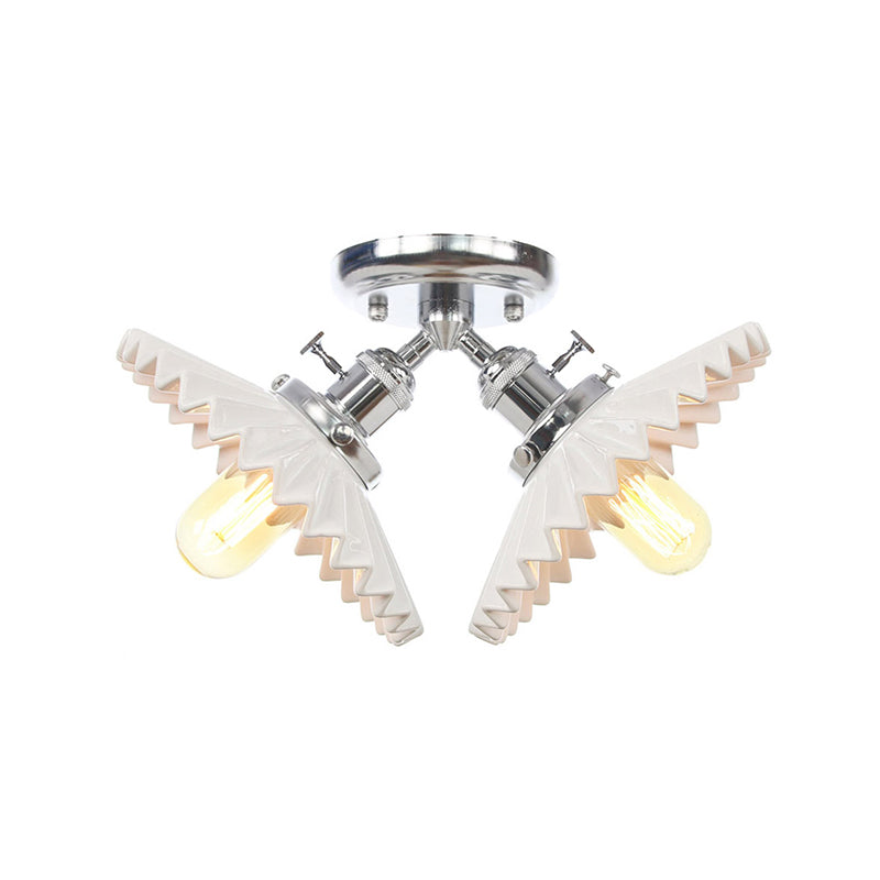 2 Bulbs Restaurant Ceiling Lighting Warehouse Style Black/Bronze Semi Flush Mount Light with Scalloped Milk Glass Shade Clearhalo 'Ceiling Lights' 'Close To Ceiling Lights' 'Close to ceiling' 'Semi-flushmount' Lighting' 256770