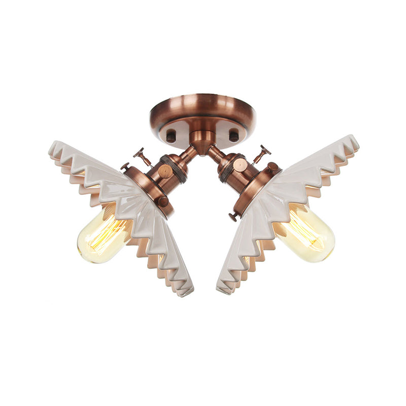 2 Bulbs Restaurant Ceiling Lighting Warehouse Style Black/Bronze Semi Flush Mount Light with Scalloped Milk Glass Shade Clearhalo 'Ceiling Lights' 'Close To Ceiling Lights' 'Close to ceiling' 'Semi-flushmount' Lighting' 256773