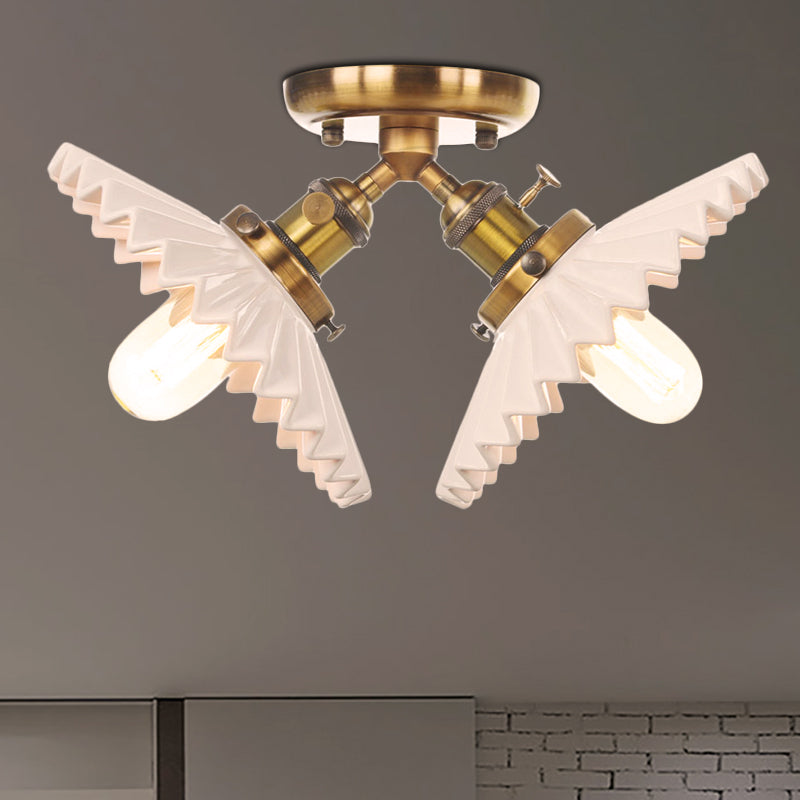 2 Bulbs Restaurant Ceiling Lighting Warehouse Style Black/Bronze Semi Flush Mount Light with Scalloped Milk Glass Shade Brass Clearhalo 'Ceiling Lights' 'Close To Ceiling Lights' 'Close to ceiling' 'Semi-flushmount' Lighting' 256774