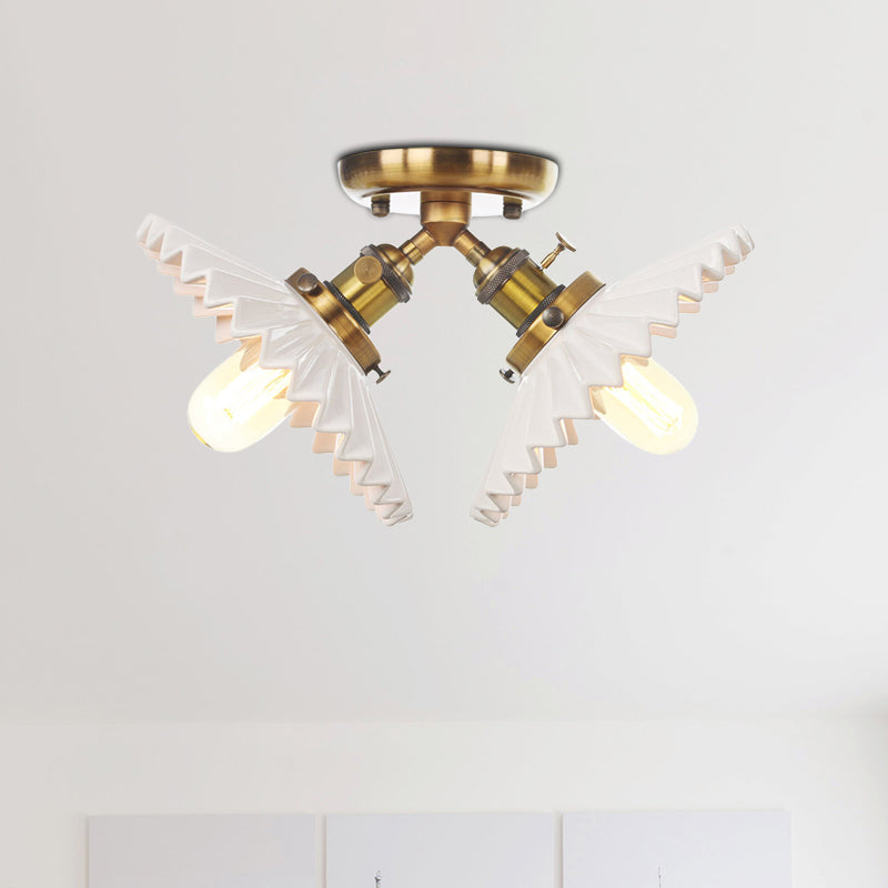 2 Bulbs Restaurant Ceiling Lighting Warehouse Style Black/Bronze Semi Flush Mount Light with Scalloped Milk Glass Shade Clearhalo 'Ceiling Lights' 'Close To Ceiling Lights' 'Close to ceiling' 'Semi-flushmount' Lighting' 256775