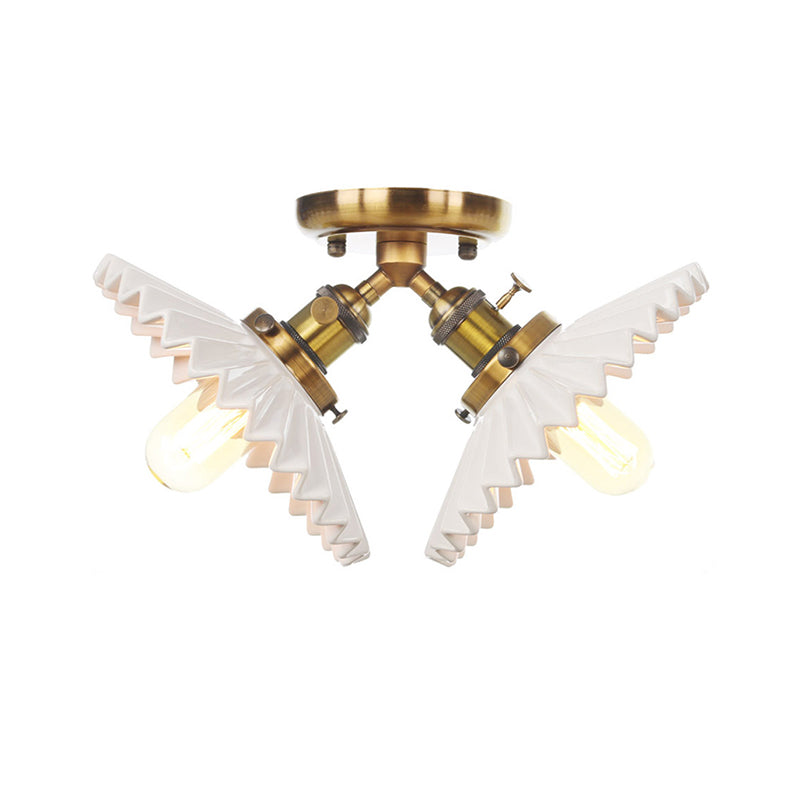 2 Bulbs Restaurant Ceiling Lighting Warehouse Style Black/Bronze Semi Flush Mount Light with Scalloped Milk Glass Shade Clearhalo 'Ceiling Lights' 'Close To Ceiling Lights' 'Close to ceiling' 'Semi-flushmount' Lighting' 256776