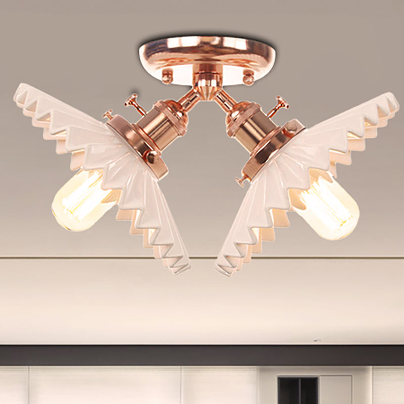 2 Bulbs Restaurant Ceiling Lighting Warehouse Style Black/Bronze Semi Flush Mount Light with Scalloped Milk Glass Shade Rose Gold Clearhalo 'Ceiling Lights' 'Close To Ceiling Lights' 'Close to ceiling' 'Semi-flushmount' Lighting' 256777