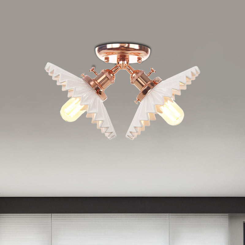 2 Bulbs Restaurant Ceiling Lighting Warehouse Style Black/Bronze Semi Flush Mount Light with Scalloped Milk Glass Shade Clearhalo 'Ceiling Lights' 'Close To Ceiling Lights' 'Close to ceiling' 'Semi-flushmount' Lighting' 256778