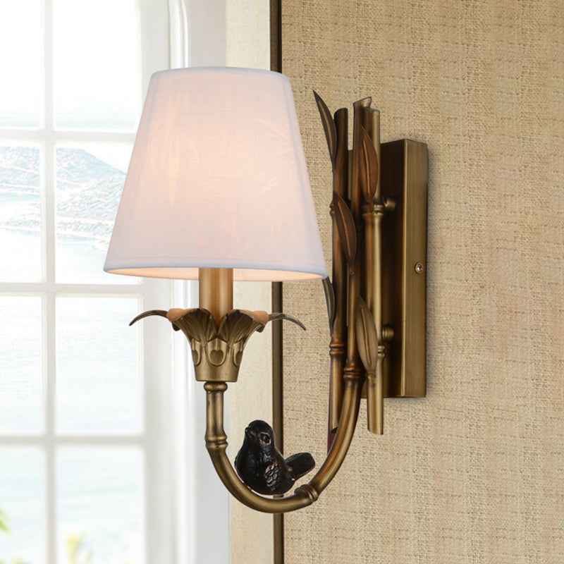 1 Light Wall Lamp Country Cone Fabric Sconce Light Fixture in White with Brass Metal Backplate 1.0 White Clearhalo 'Wall Lamps & Sconces' 'Wall Lights' Lighting' 256796