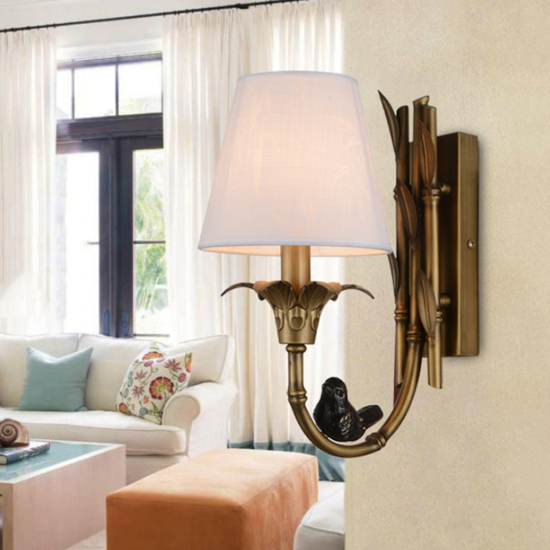 1 Light Wall Lamp Country Cone Fabric Sconce Light Fixture in White with Brass Metal Backplate Clearhalo 'Wall Lamps & Sconces' 'Wall Lights' Lighting' 256797