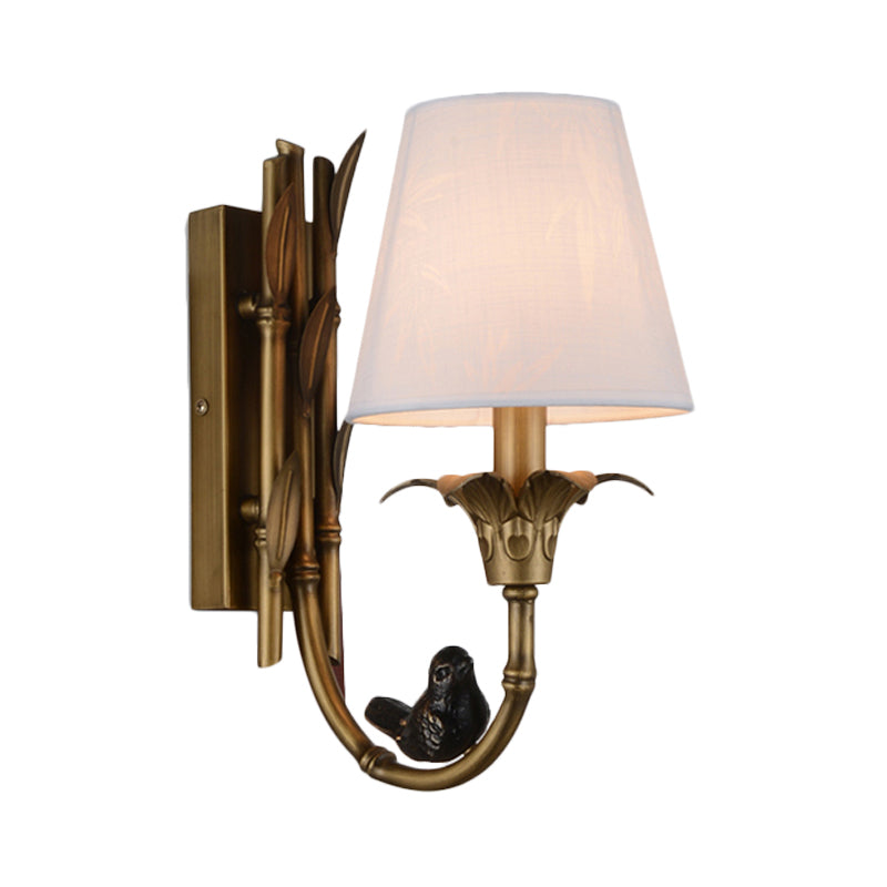 1 Light Wall Lamp Country Cone Fabric Sconce Light Fixture in White with Brass Metal Backplate Clearhalo 'Wall Lamps & Sconces' 'Wall Lights' Lighting' 256798