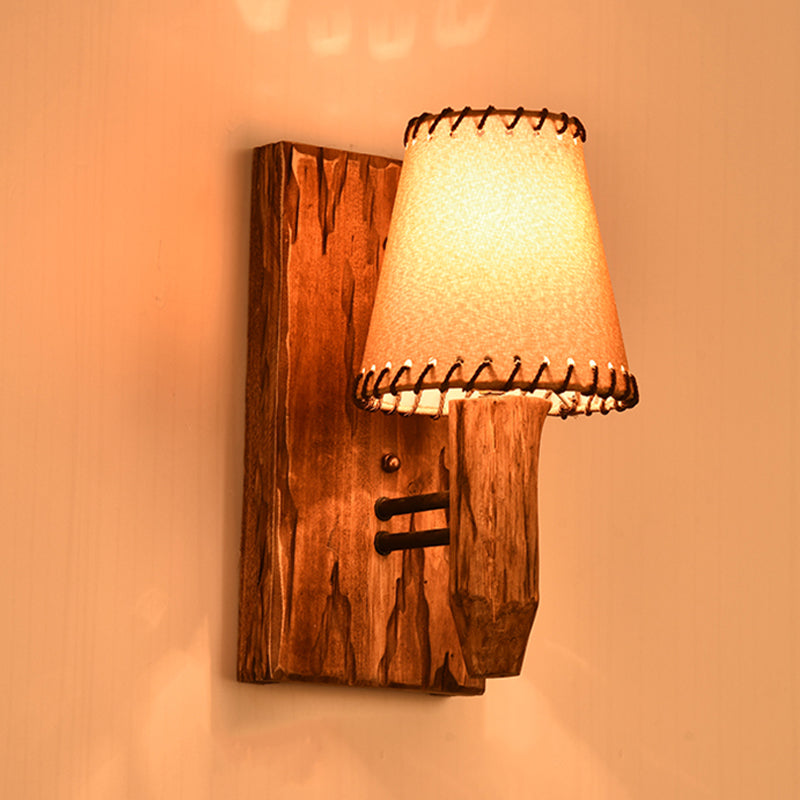 Vintage Tapered Sconce Light 1/2 Lights Fabric Wall Mounted Lighting in Wood for Dining Room 1.0 Wood Clearhalo 'Wall Lamps & Sconces' 'Wall Lights' Lighting' 256803