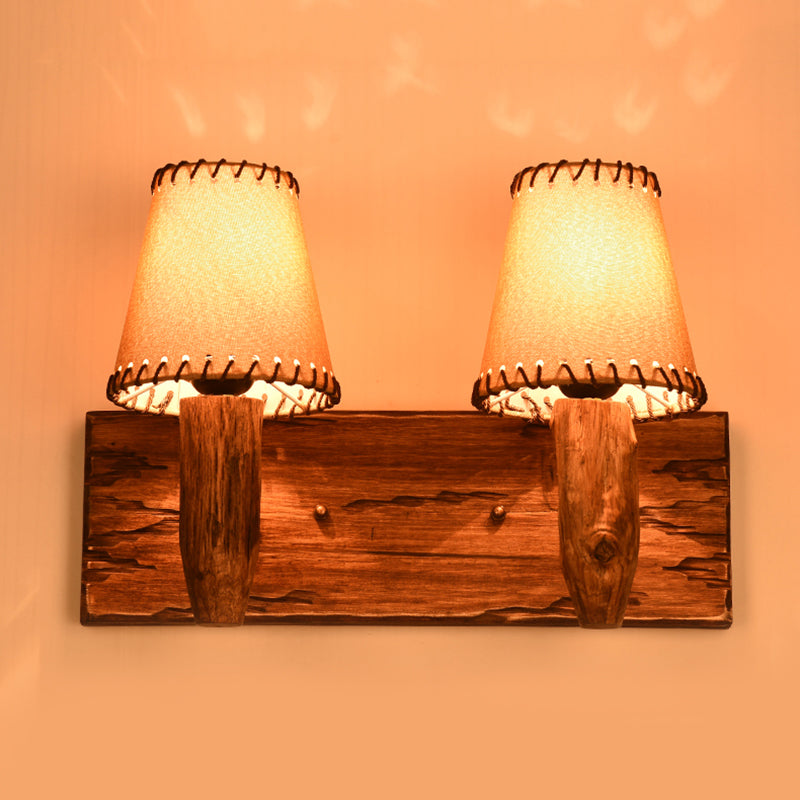 Vintage Tapered Sconce Light 1/2 Lights Fabric Wall Mounted Lighting in Wood for Dining Room 2.0 Wood Clearhalo 'Wall Lamps & Sconces' 'Wall Lights' Lighting' 256807