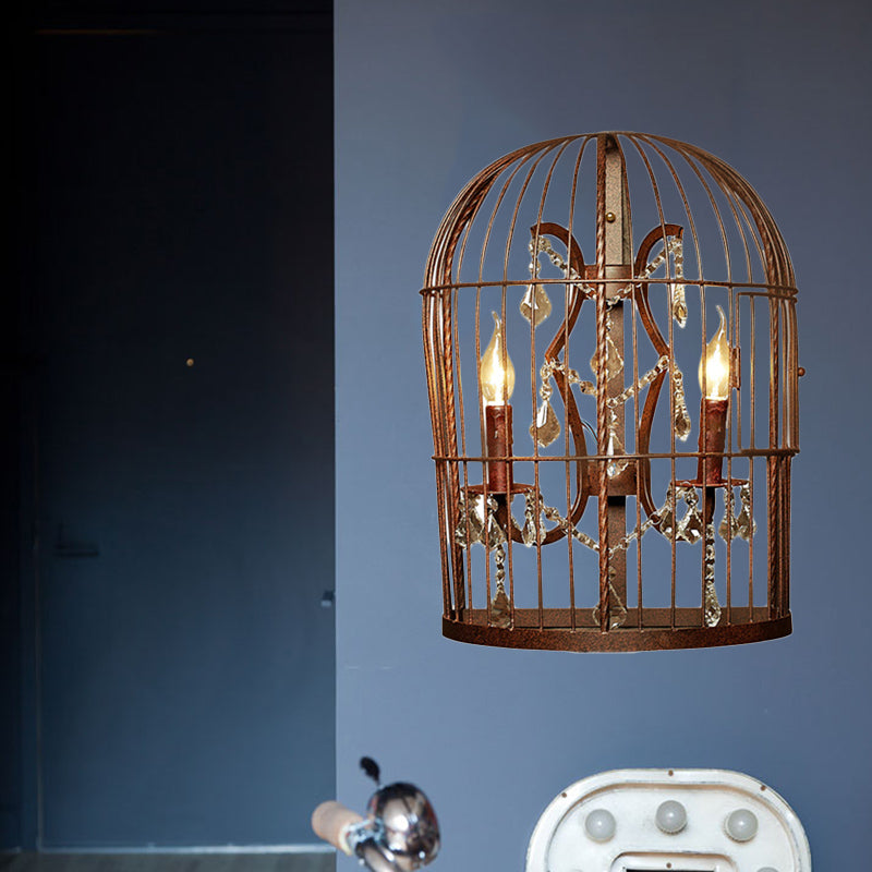 Rust 2-Light Sconce Light Country Metal Birdcage Wall Lighting Fixture for Living Room with Crystal Drop Rust Clearhalo 'Wall Lamps & Sconces' 'Wall Lights' Lighting' 256816