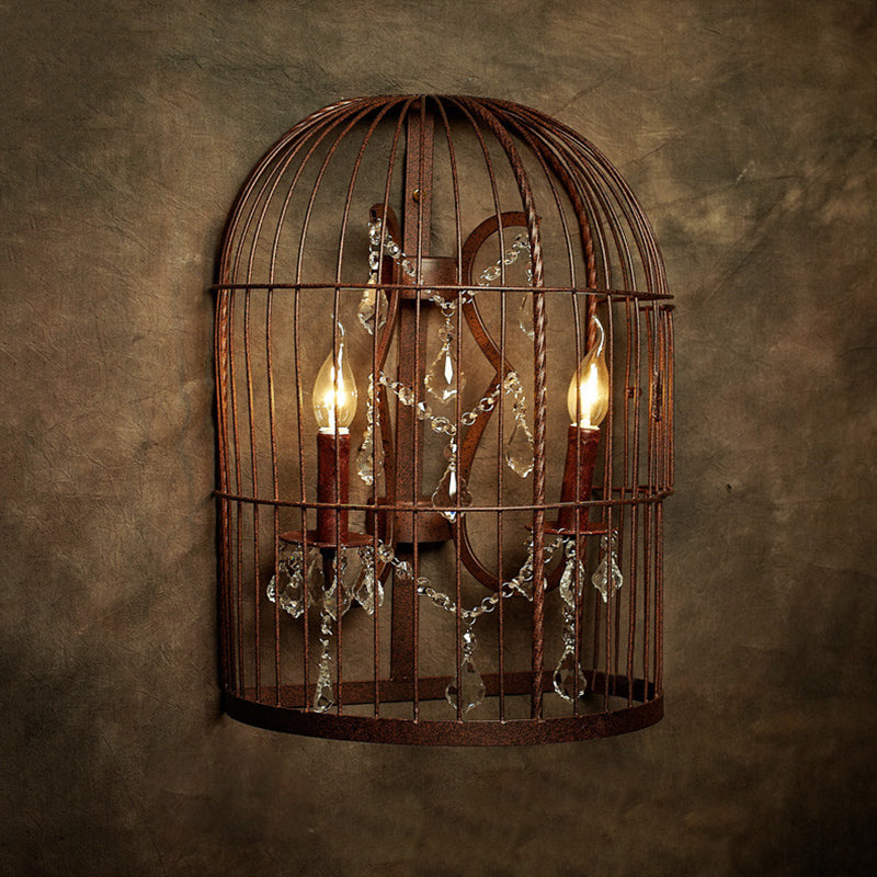 Rust 2-Light Sconce Light Country Metal Birdcage Wall Lighting Fixture for Living Room with Crystal Drop Clearhalo 'Wall Lamps & Sconces' 'Wall Lights' Lighting' 256817