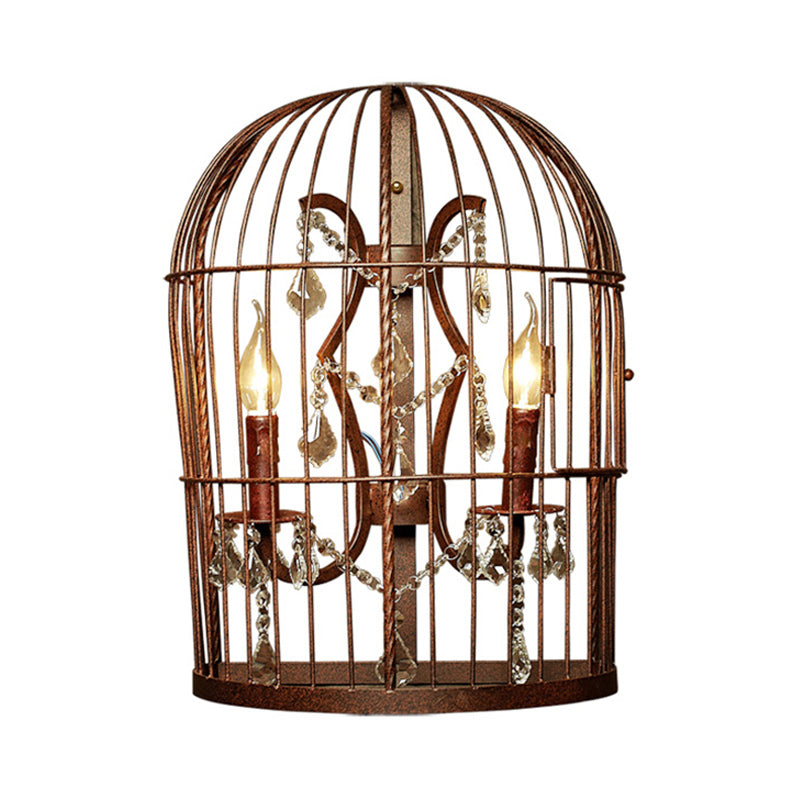 Rust 2-Light Sconce Light Country Metal Birdcage Wall Lighting Fixture for Living Room with Crystal Drop Clearhalo 'Wall Lamps & Sconces' 'Wall Lights' Lighting' 256818