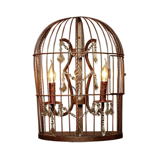 Rust 2-Light Sconce Light Country Metal Birdcage Wall Lighting Fixture for Living Room with Crystal Drop Clearhalo 'Wall Lamps & Sconces' 'Wall Lights' Lighting' 256818