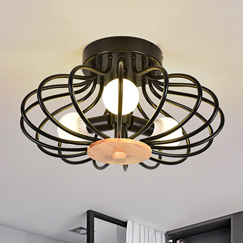 Metal Fan Shaped Semi-Flush Mount Light Industrial Style 3/5 Heads Black/White Ceiling Light Fixture with Wire Frame Clearhalo 'Ceiling Lights' 'Close To Ceiling Lights' 'Close to ceiling' 'Semi-flushmount' Lighting' 256820