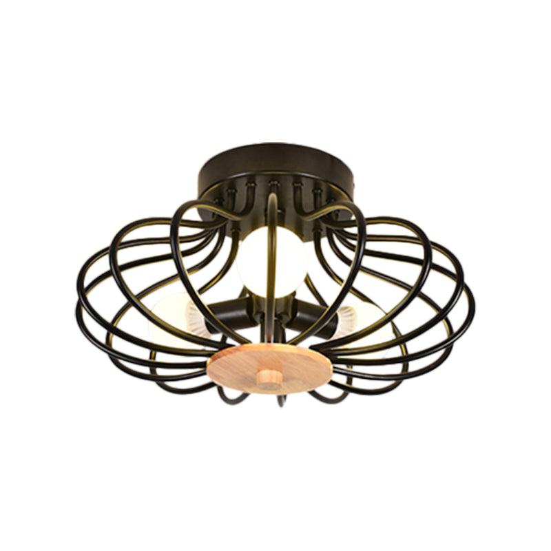 Metal Fan Shaped Semi-Flush Mount Light Industrial Style 3/5 Heads Black/White Ceiling Light Fixture with Wire Frame Clearhalo 'Ceiling Lights' 'Close To Ceiling Lights' 'Close to ceiling' 'Semi-flushmount' Lighting' 256822