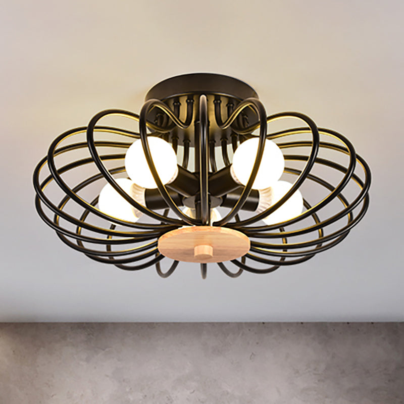 Metal Fan Shaped Semi-Flush Mount Light Industrial Style 3/5 Heads Black/White Ceiling Light Fixture with Wire Frame 5 Black Clearhalo 'Ceiling Lights' 'Close To Ceiling Lights' 'Close to ceiling' 'Semi-flushmount' Lighting' 256823