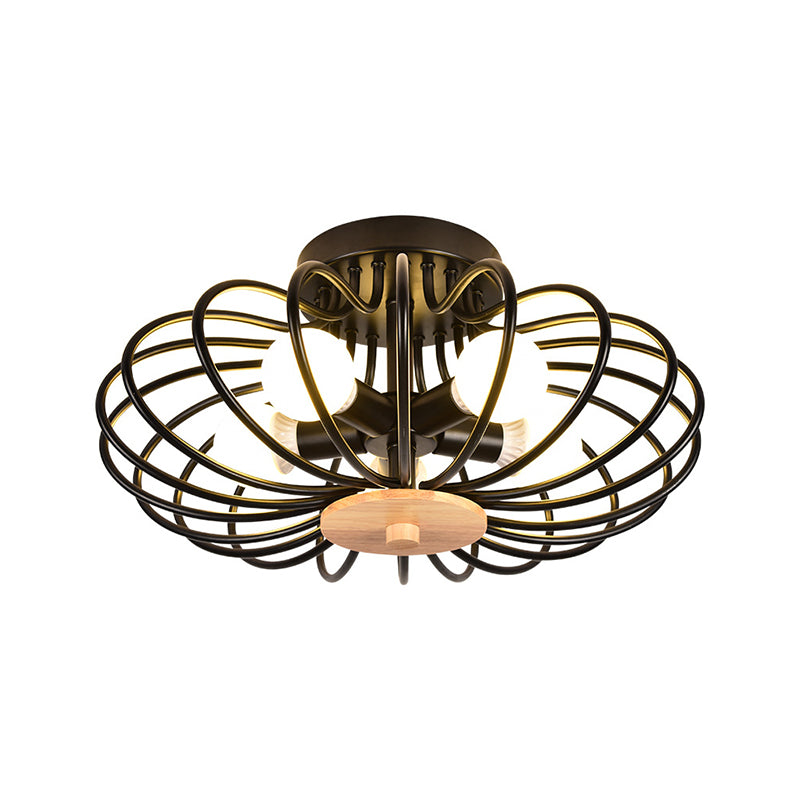 Metal Fan Shaped Semi-Flush Mount Light Industrial Style 3/5 Heads Black/White Ceiling Light Fixture with Wire Frame Clearhalo 'Ceiling Lights' 'Close To Ceiling Lights' 'Close to ceiling' 'Semi-flushmount' Lighting' 256825