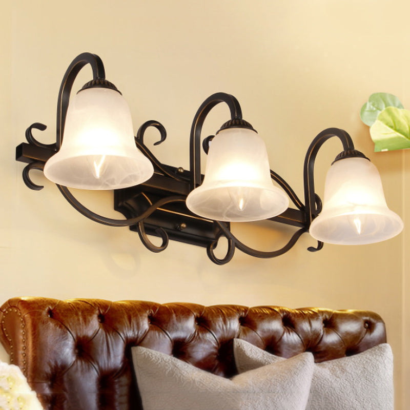 2/3 Lights Vanity Lamp Vintage Curvy Arm Milky Glass Sconce Light Fixture in Black for Bathroom 3.0 Black Clearhalo 'Vanity Lights' 'Wall Lights' Lighting' 256957