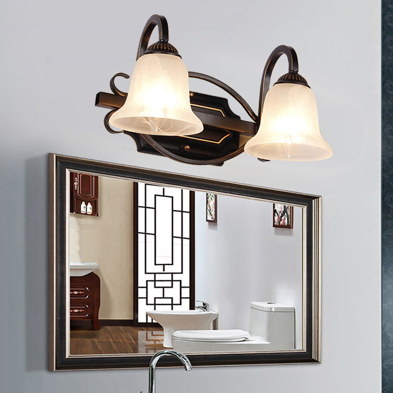 2/3 Lights Vanity Lamp Vintage Curvy Arm Milky Glass Sconce Light Fixture in Black for Bathroom 2.0 Black Clearhalo 'Vanity Lights' 'Wall Lights' Lighting' 256961