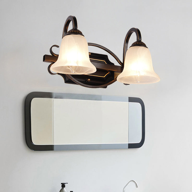 2/3 Lights Vanity Lamp Vintage Curvy Arm Milky Glass Sconce Light Fixture in Black for Bathroom Clearhalo 'Vanity Lights' 'Wall Lights' Lighting' 256962