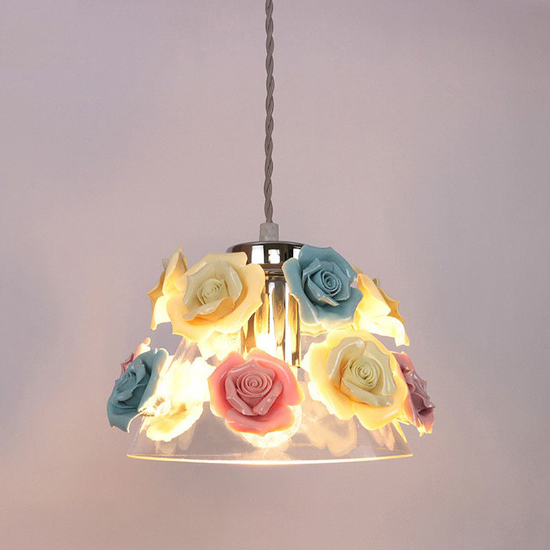 Modern Cone Pendant Ceiling Light Clear Glass 1 Head Living Room Hanging Lamp with Blue-Pink-Yellow Flower Ceramic Design Clearhalo 'Ceiling Lights' 'Glass shade' 'Glass' 'Modern Pendants' 'Modern' 'Pendant Lights' 'Pendants' Lighting' 256964