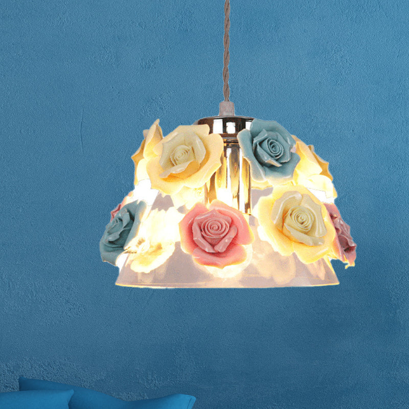 Modern Cone Pendant Ceiling Light Clear Glass 1 Head Living Room Hanging Lamp with Blue-Pink-Yellow Flower Ceramic Design Blue-Pink-Yellow Clearhalo 'Ceiling Lights' 'Glass shade' 'Glass' 'Modern Pendants' 'Modern' 'Pendant Lights' 'Pendants' Lighting' 256965