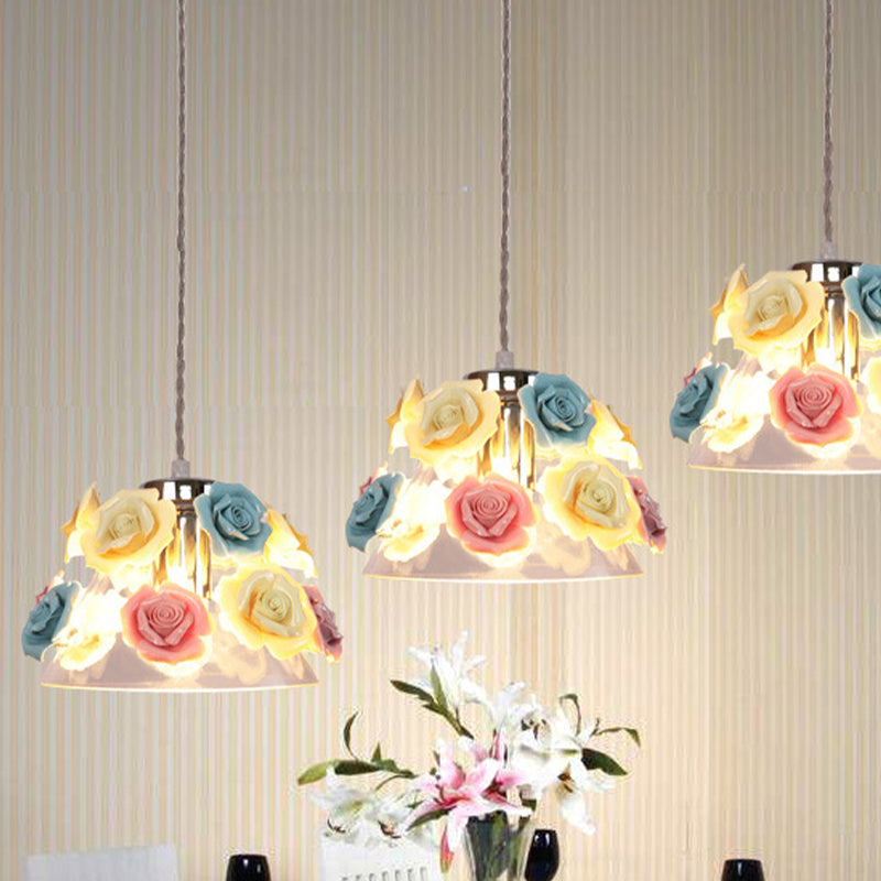 Modern Cone Pendant Ceiling Light Clear Glass 1 Head Living Room Hanging Lamp with Blue-Pink-Yellow Flower Ceramic Design Clearhalo 'Ceiling Lights' 'Glass shade' 'Glass' 'Modern Pendants' 'Modern' 'Pendant Lights' 'Pendants' Lighting' 256966