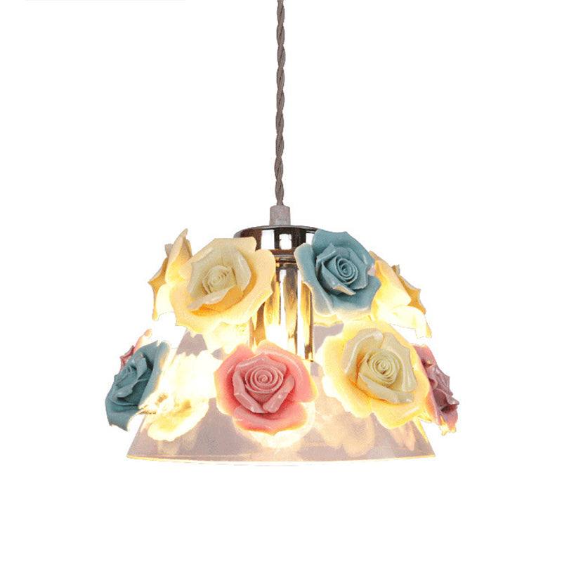 Modern Cone Pendant Ceiling Light Clear Glass 1 Head Living Room Hanging Lamp with Blue-Pink-Yellow Flower Ceramic Design Clearhalo 'Ceiling Lights' 'Glass shade' 'Glass' 'Modern Pendants' 'Modern' 'Pendant Lights' 'Pendants' Lighting' 256968