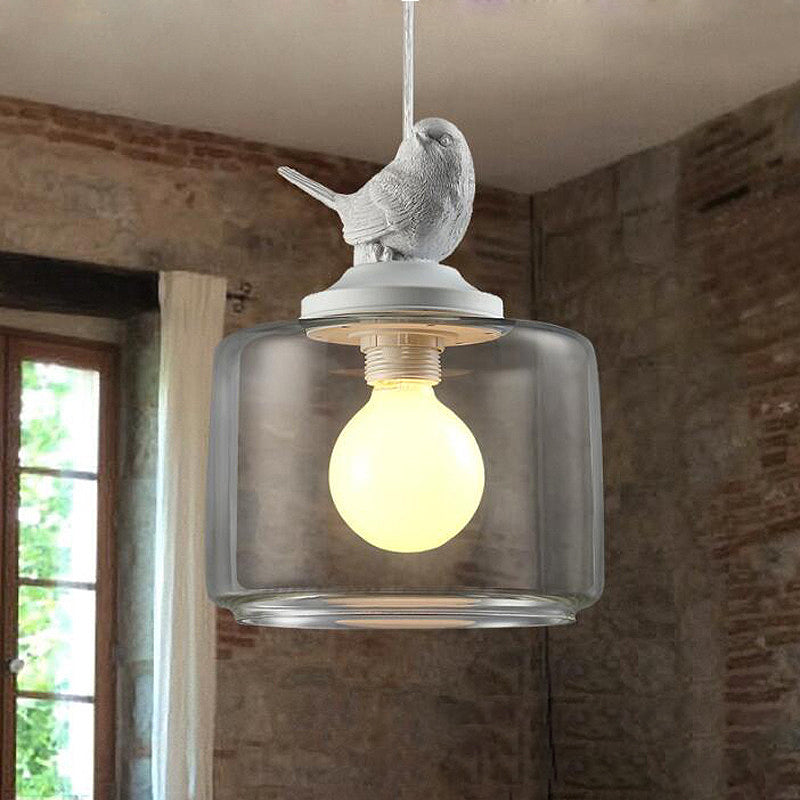 Drum Pendant Light Fixture Contemporary Clear Glass 1 Head Restaurant Hanging Lamp with Bird Decoration Clear Clearhalo 'Ceiling Lights' 'Glass shade' 'Glass' 'Modern Pendants' 'Modern' 'Pendant Lights' 'Pendants' Lighting' 256978