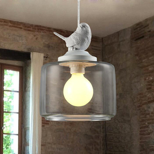 Drum Pendant Light Fixture Contemporary Clear Glass 1 Head Restaurant Hanging Lamp with Bird Decoration Clear Clearhalo 'Ceiling Lights' 'Glass shade' 'Glass' 'Modern Pendants' 'Modern' 'Pendant Lights' 'Pendants' Lighting' 256978