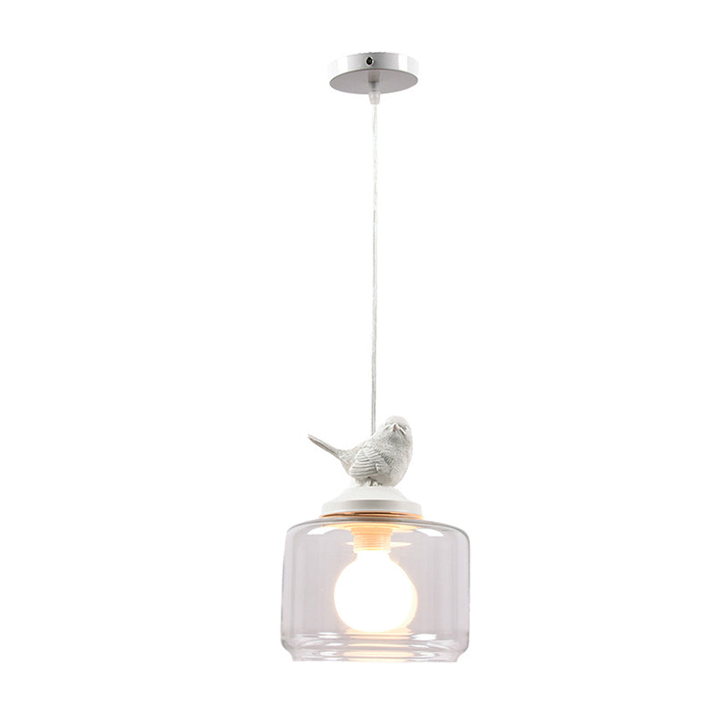 Drum Pendant Light Fixture Contemporary Clear Glass 1 Head Restaurant Hanging Lamp with Bird Decoration Clearhalo 'Ceiling Lights' 'Glass shade' 'Glass' 'Modern Pendants' 'Modern' 'Pendant Lights' 'Pendants' Lighting' 256981