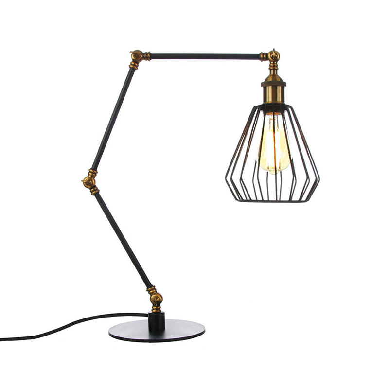 Diamond Cage Bedroom Table Lighting Metallic 1 Head Farmhouse Stylish Adjustable Table Lamp in Black/Brass Finish Clearhalo 'Lamps' 'Table Lamps' Lighting' 256994