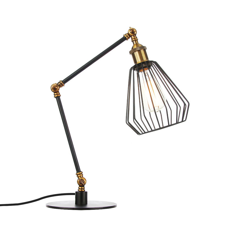 Diamond Cage Bedroom Table Lighting Metallic 1 Head Farmhouse Stylish Adjustable Table Lamp in Black/Brass Finish Clearhalo 'Lamps' 'Table Lamps' Lighting' 256998