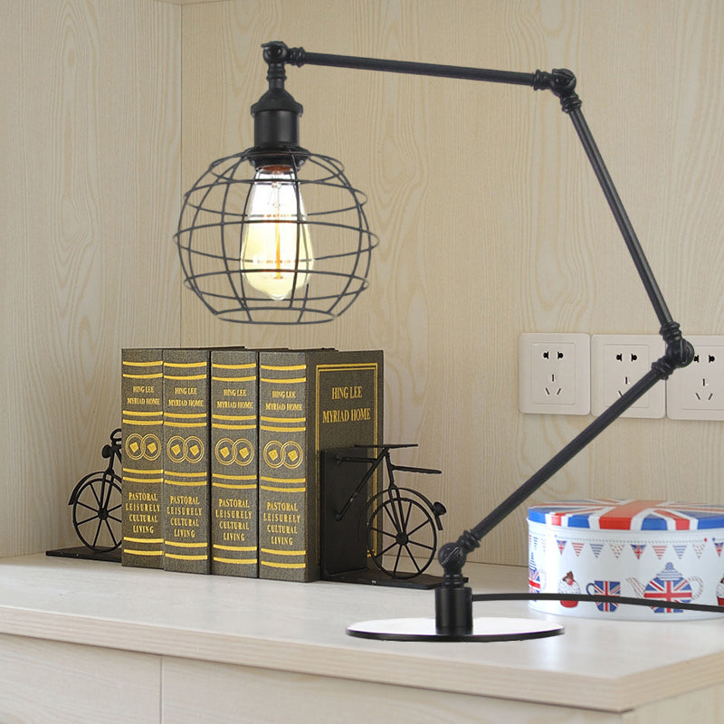 Warehouse Wire Guard Table Light Metal 1 Head Coffee Shop Table Lamp with Global Shade in Black/Brass Finish Black B Clearhalo 'Lamps' 'Table Lamps' Lighting' 257069