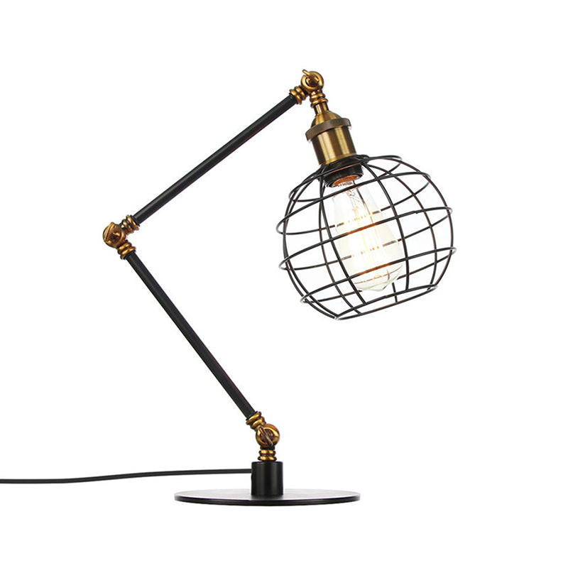 Warehouse Wire Guard Table Light Metal 1 Head Coffee Shop Table Lamp with Global Shade in Black/Brass Finish Clearhalo 'Lamps' 'Table Lamps' Lighting' 257076