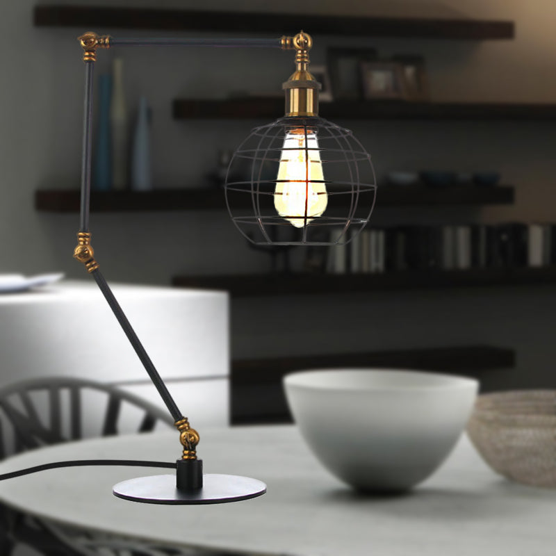 Warehouse Wire Guard Table Light Metal 1 Head Coffee Shop Table Lamp with Global Shade in Black/Brass Finish Clearhalo 'Lamps' 'Table Lamps' Lighting' 257078