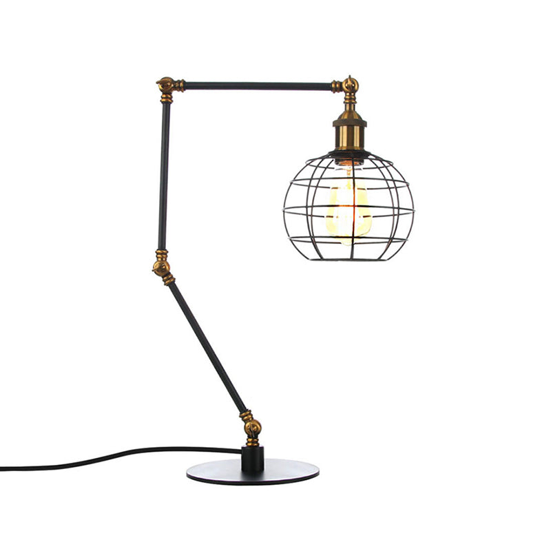 Warehouse Wire Guard Table Light Metal 1 Head Coffee Shop Table Lamp with Global Shade in Black/Brass Finish Clearhalo 'Lamps' 'Table Lamps' Lighting' 257080