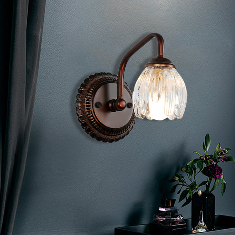 Flower Bathroom Wall Lamp Vintage Clear Textured Glass 2/3/4 Lights Copper Make-Up Lighting 1.0 Copper Clearhalo 'Vanity Lights' 'Wall Lights' Lighting' 257096