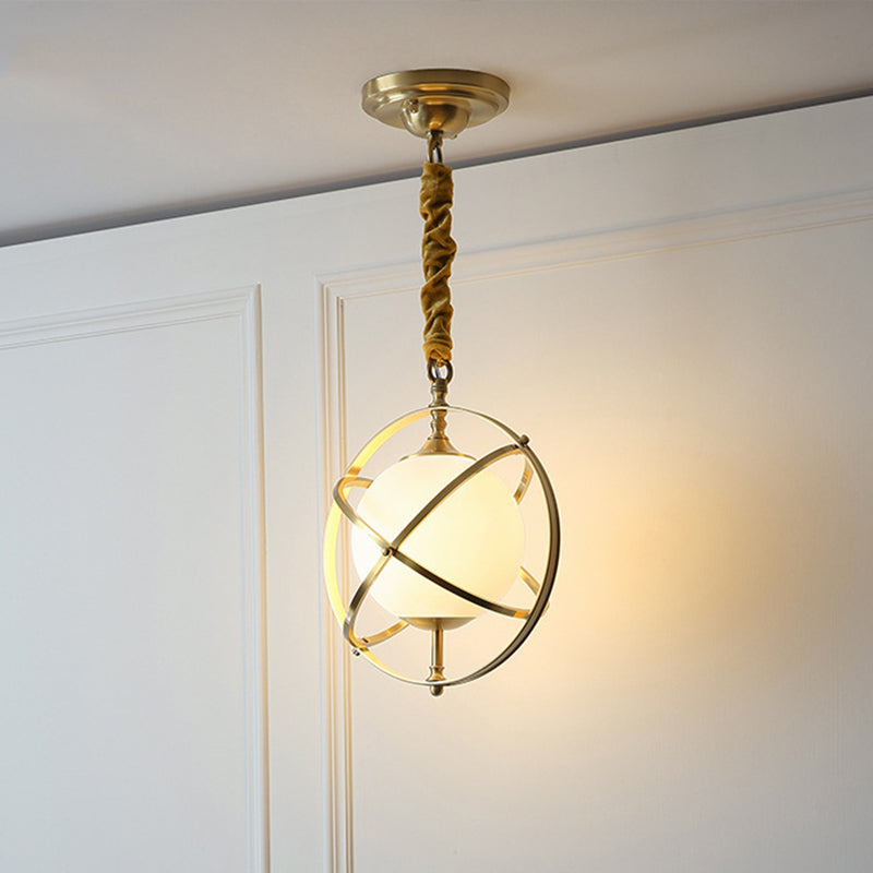 Brass Orbit Pendant Lighting Fixture Postmodern 1 Head Metal Hanging Light with White Glass Shade Clearhalo 'Ceiling Lights' 'Glass shade' 'Glass' 'Modern Pendants' 'Modern' 'Pendant Lights' 'Pendants' Lighting' 257109