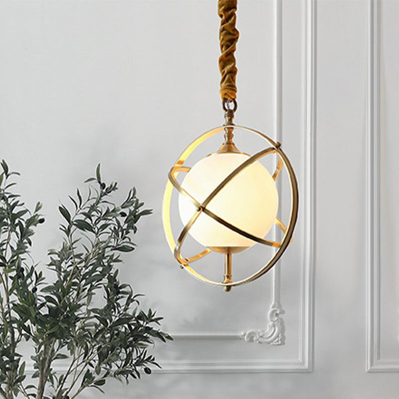 Brass Orbit Pendant Lighting Fixture Postmodern 1 Head Metal Hanging Light with White Glass Shade Brass Clearhalo 'Ceiling Lights' 'Glass shade' 'Glass' 'Modern Pendants' 'Modern' 'Pendant Lights' 'Pendants' Lighting' 257110