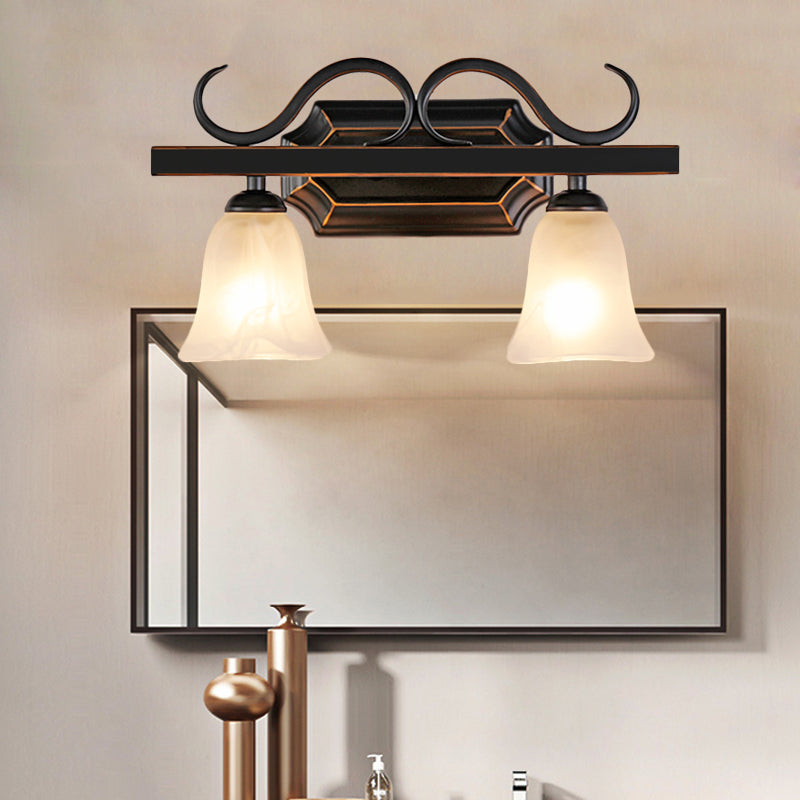 Classic Bell Vanity Lamp 2/3 Lights Frosted Glass Wall Mounted Light in Black for Bathroom Clearhalo 'Vanity Lights' 'Wall Lights' Lighting' 257139