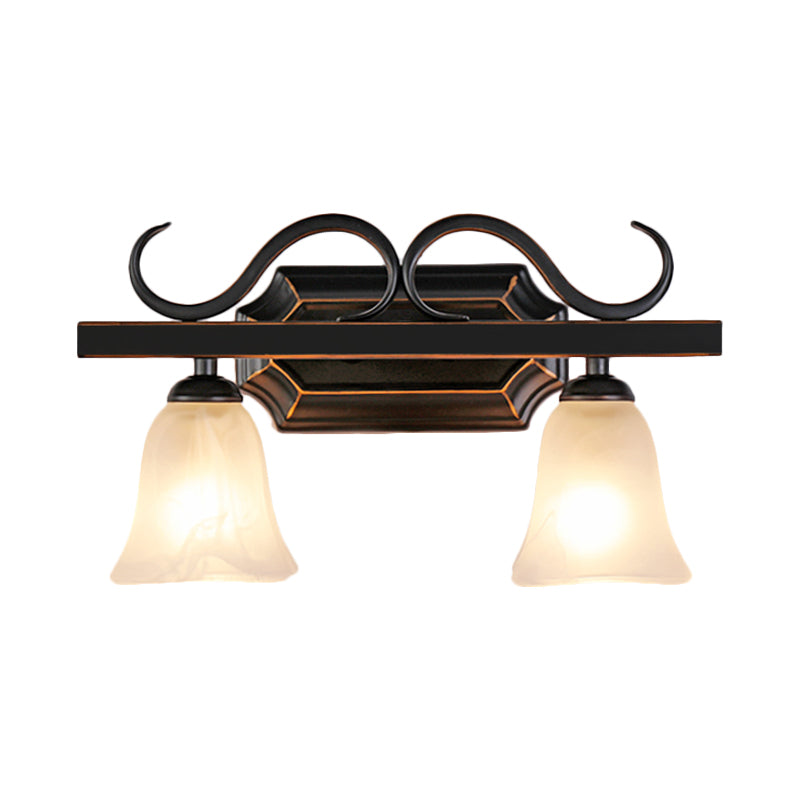 Classic Bell Vanity Lamp 2/3 Lights Frosted Glass Wall Mounted Light in Black for Bathroom Clearhalo 'Vanity Lights' 'Wall Lights' Lighting' 257140