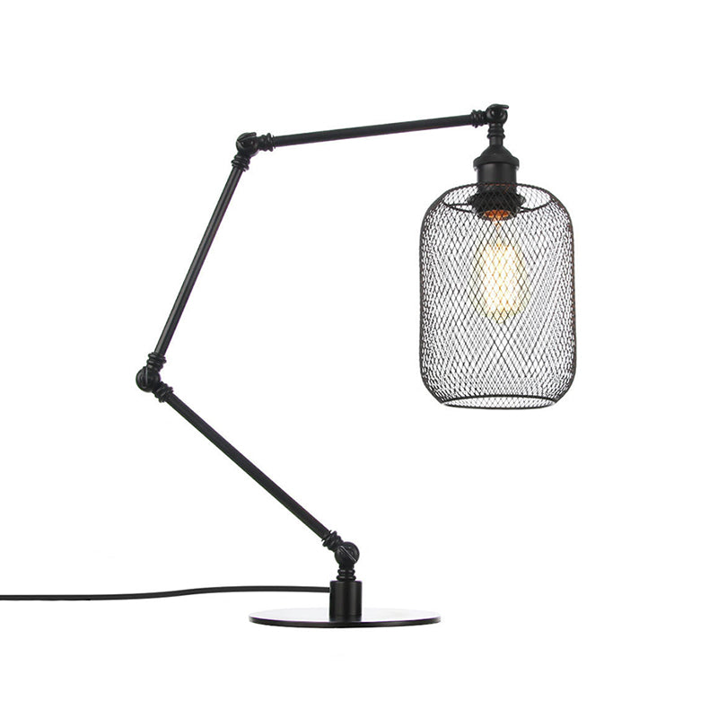 Metal Cylindrical Table Lighting Industrial Style 1 Light Black/Brass Finish Adjustable Table Light with Mesh Screen Clearhalo 'Lamps' 'Table Lamps' Lighting' 257164